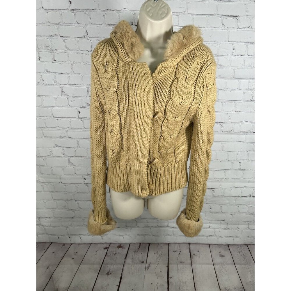 Kenji Chunky Hand Knit Brown Full Zip Rabbit Fur Hooded Toggle Close Jacket XL